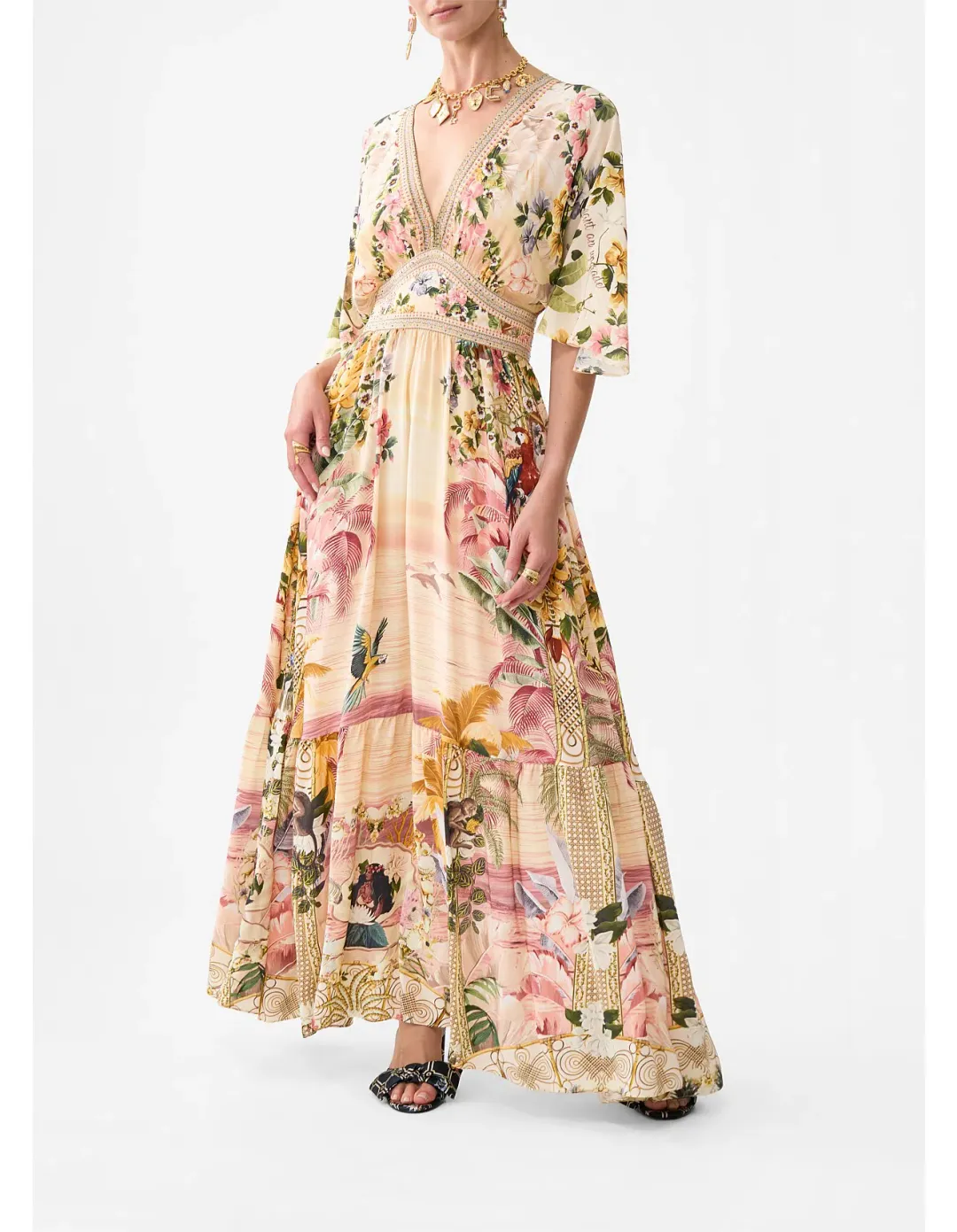 Camilla Waisted Dress with Hem Ruffle in Welcome to the White Lotus Print Size XS / AU 8 for rent on The Volte - main image
