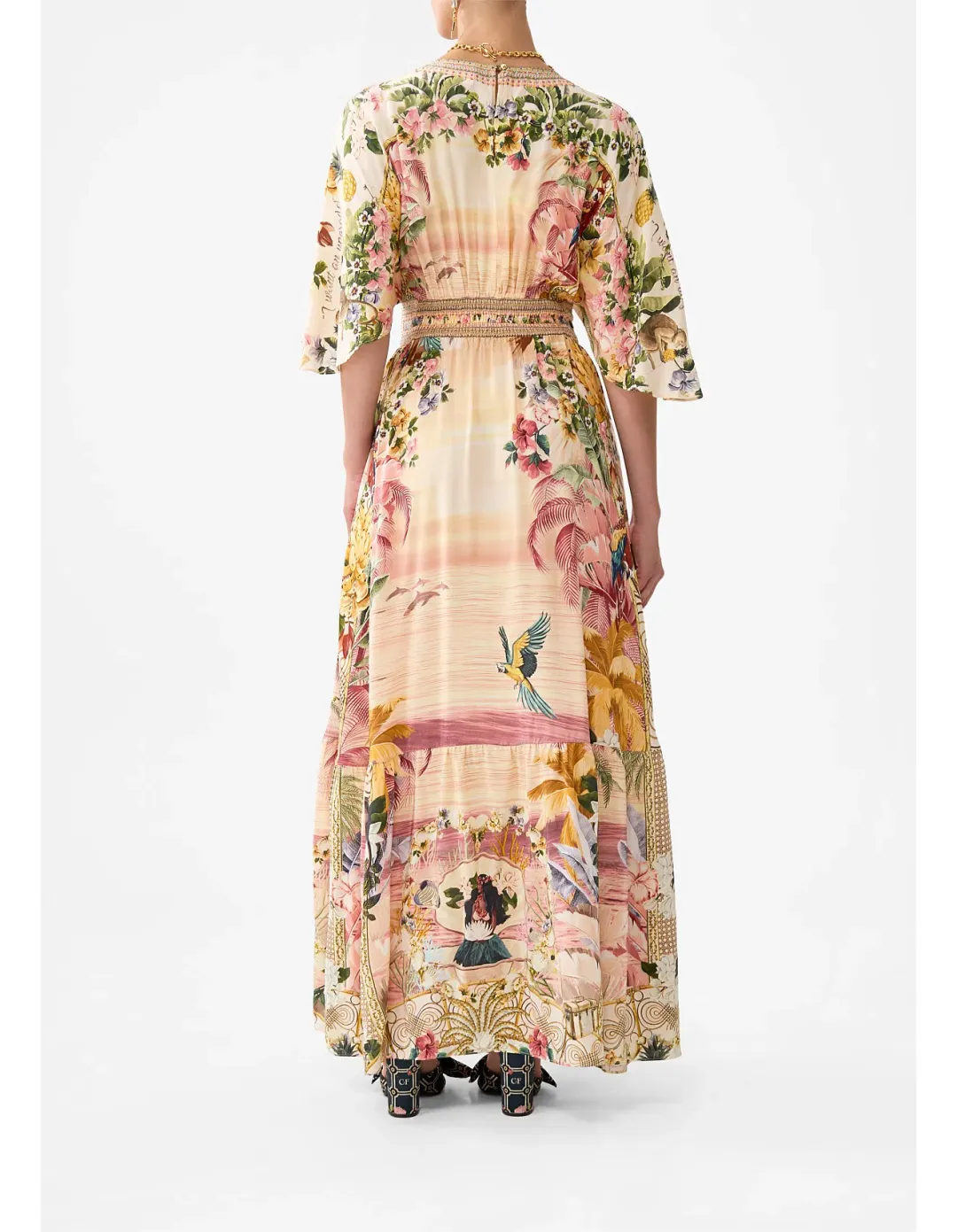 Camilla Waisted Dress with Hem Ruffle in Welcome to the White Lotus Print Size XS / AU 8 for rent on The Volte - main image