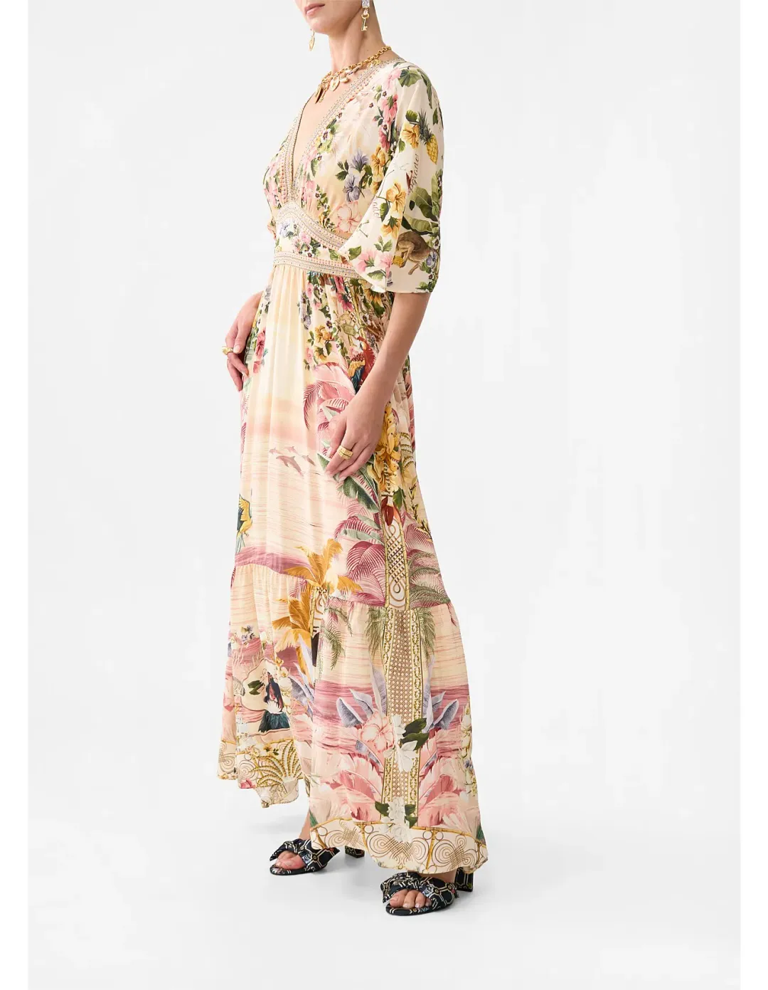 Camilla Waisted Dress with Hem Ruffle in Welcome to the White Lotus Print Size XS / AU 8 for rent on The Volte - main image