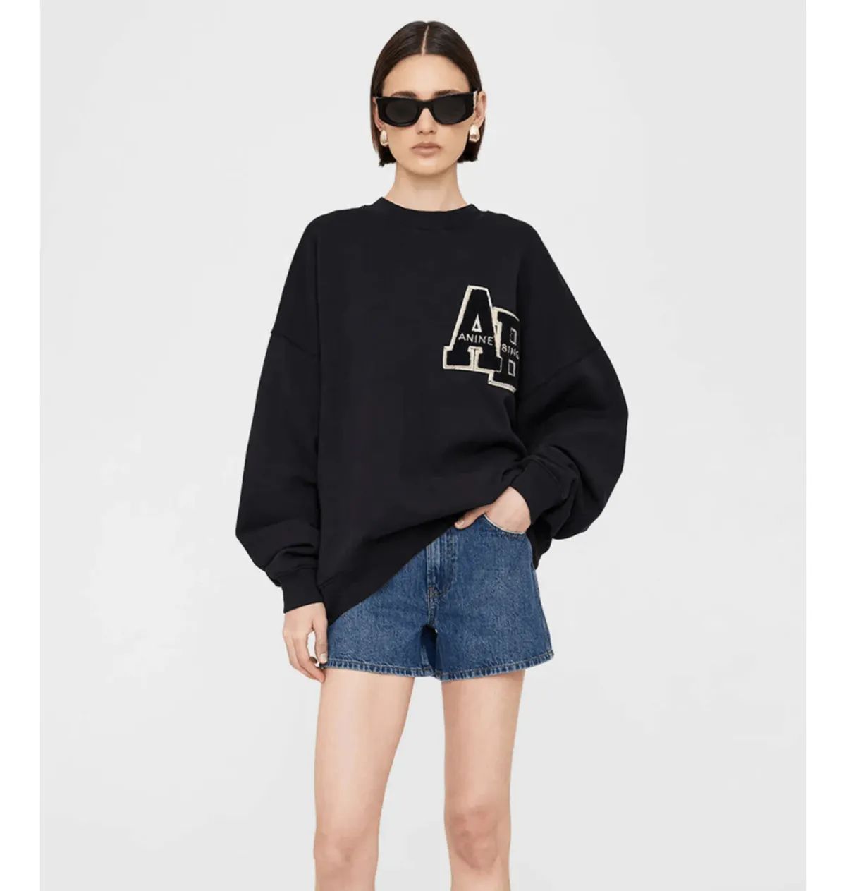 Anine Bing Miles Letterman Oversized Sweatshirt Black Size 12 for rent on The Volte - main image