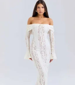 House of CB Belle Vintage Cream Floral Lace Off Shoulder Maxi Dress - Size L / AU 8-10 for rent on The Volte - image 1