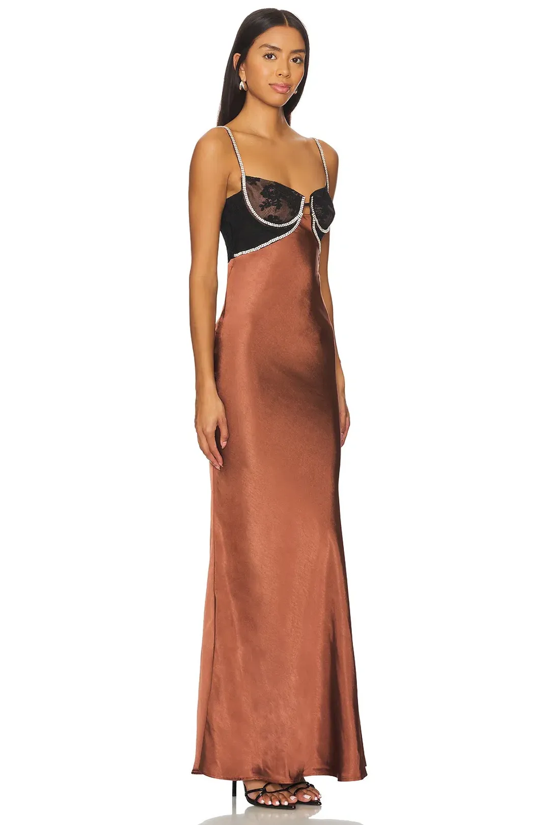 Self-Portrait Satin Diamante Maxi Dress Brown Size 8 for rent on The Volte - main image