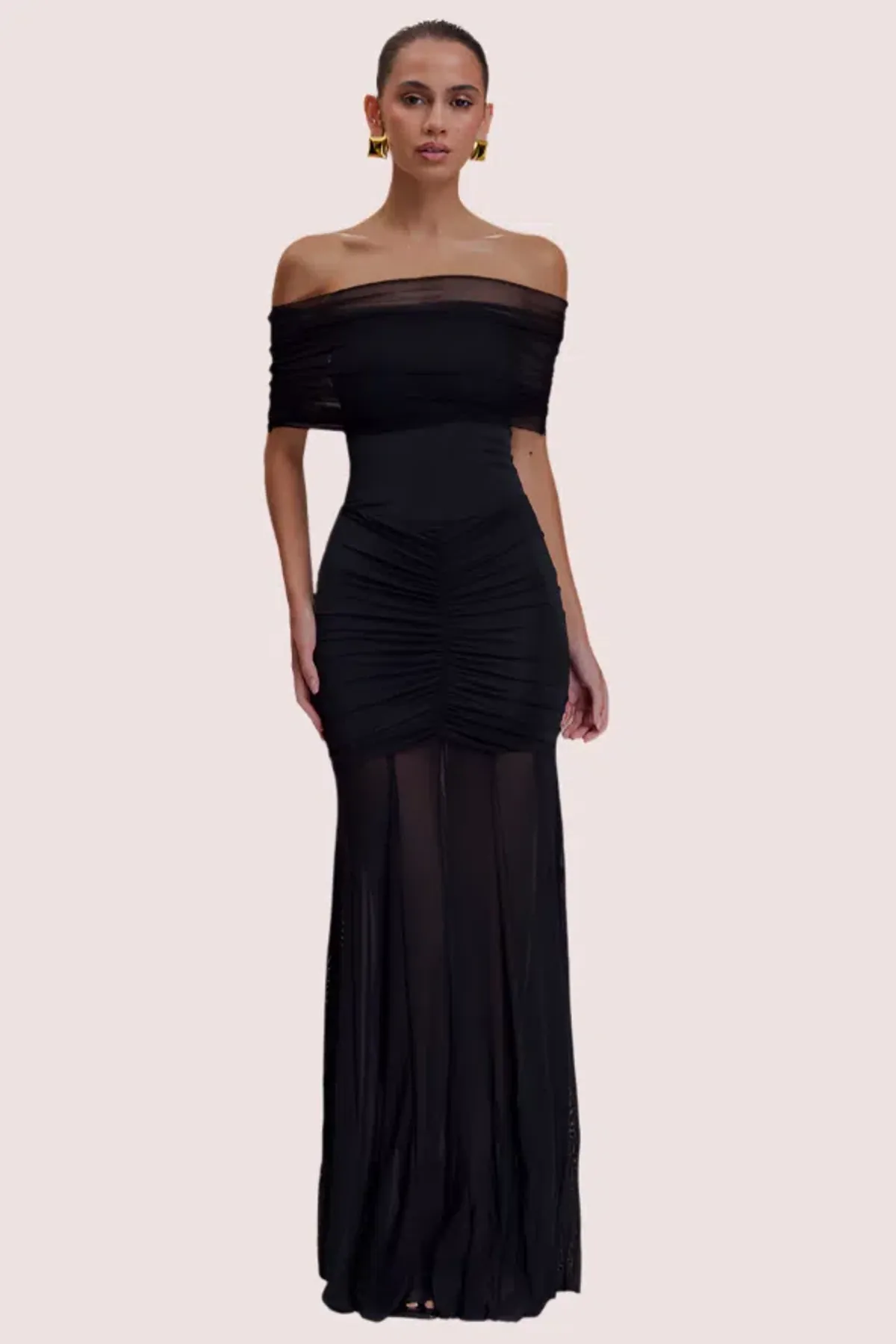 Meshki Caspian Slink Mesh Off Shoulder Maxi Dress Black Size 8 for rent on The Volte - main image