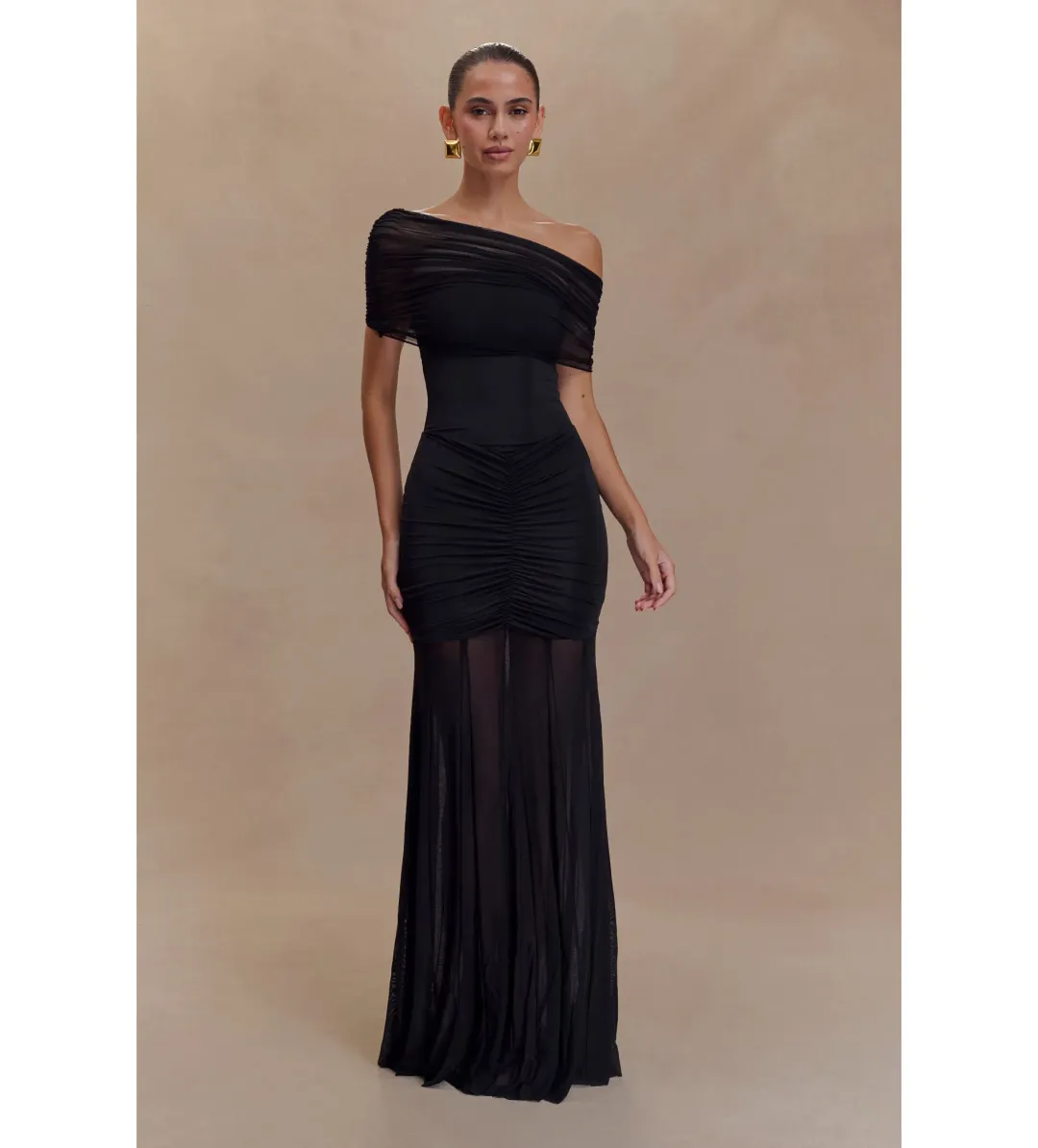 Meshki Caspian Slink Mesh Off Shoulder Maxi Dress Black Size 8 for rent on The Volte - main image