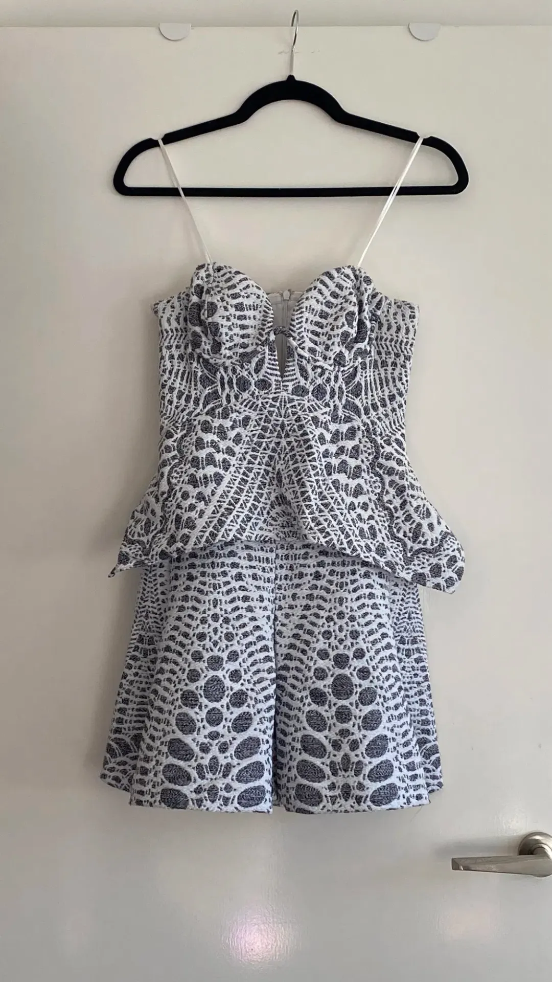 Thurley – Peplum Dress – Mini – Grey and White – Size 6  for rent on The Volte - main image