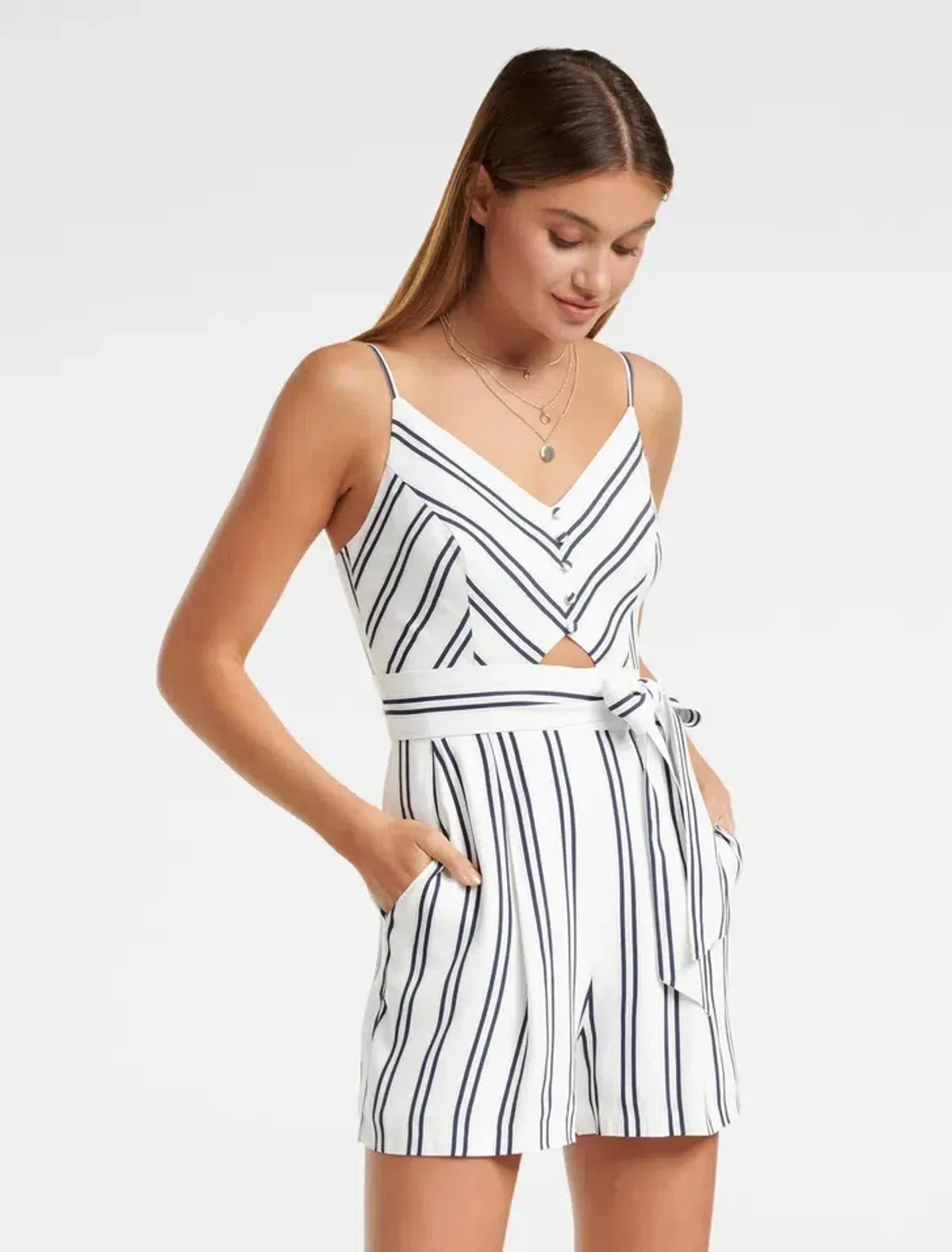 Forever New Sidney Stripe Playsuit White and Navy Size 6 for rent on The Volte - main image