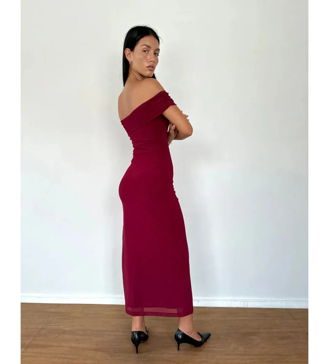 Motel Rocks Tarna Bardot Mesh Maxi Dress in Burgundy Size S / AU 10  for rent on The Volte - main image