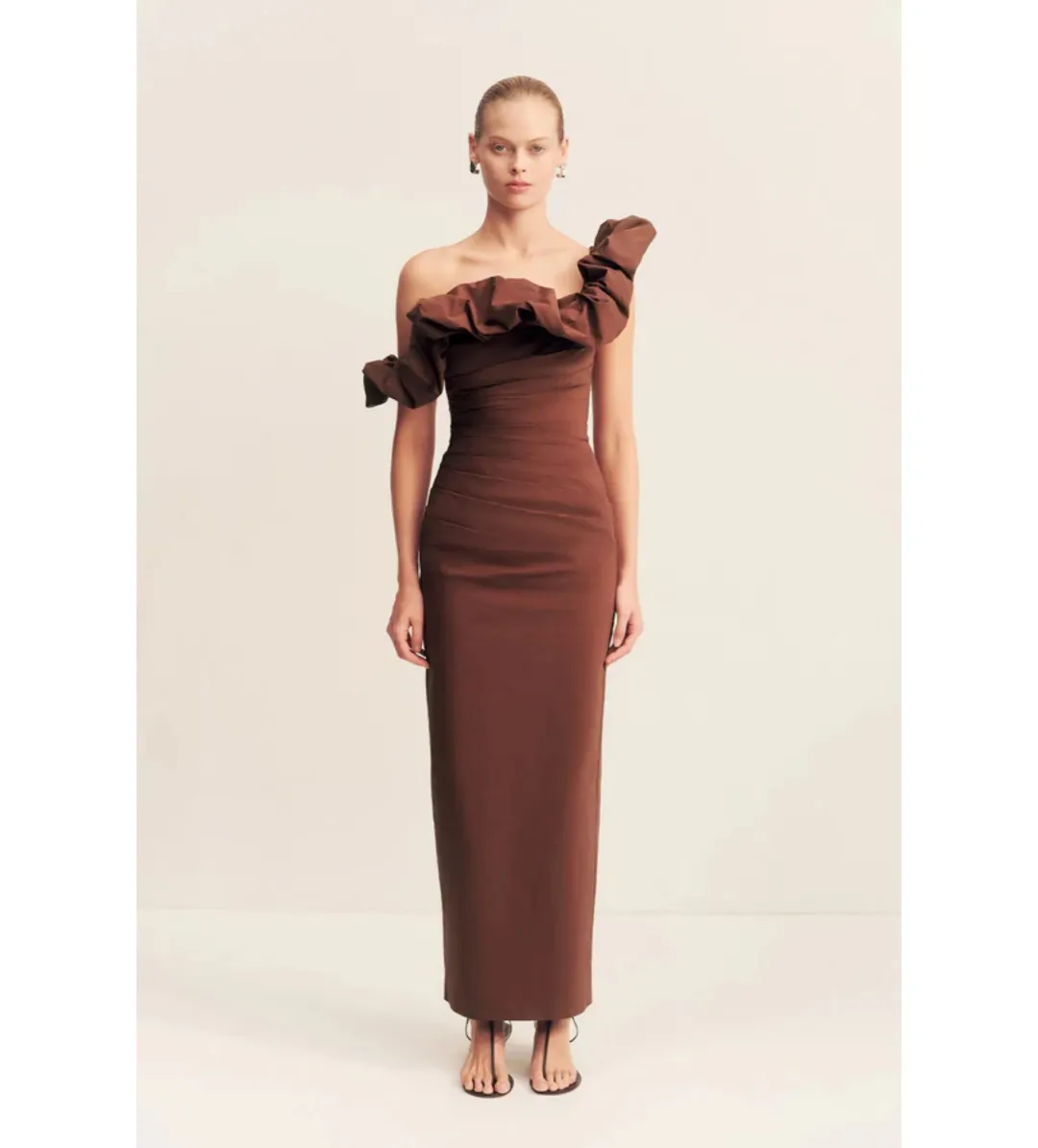 Shona Joy Cambell Ruffle Draped Maxi in Espresso Size 8  for rent on The Volte - main image