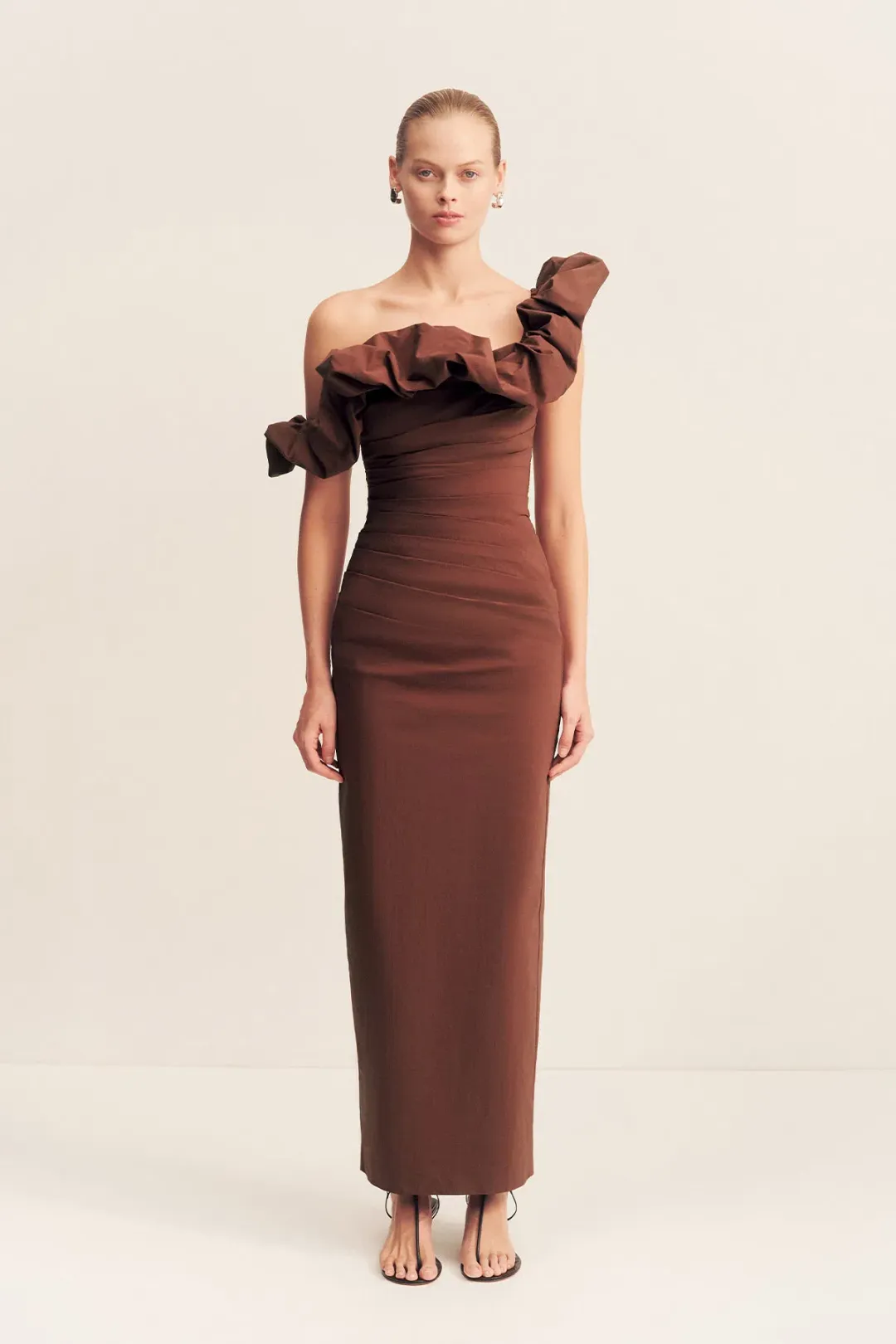 Shona Joy Campbell Ruffle Draped Maxi Dress in Espresso Size 14 for rent on The Volte - main image