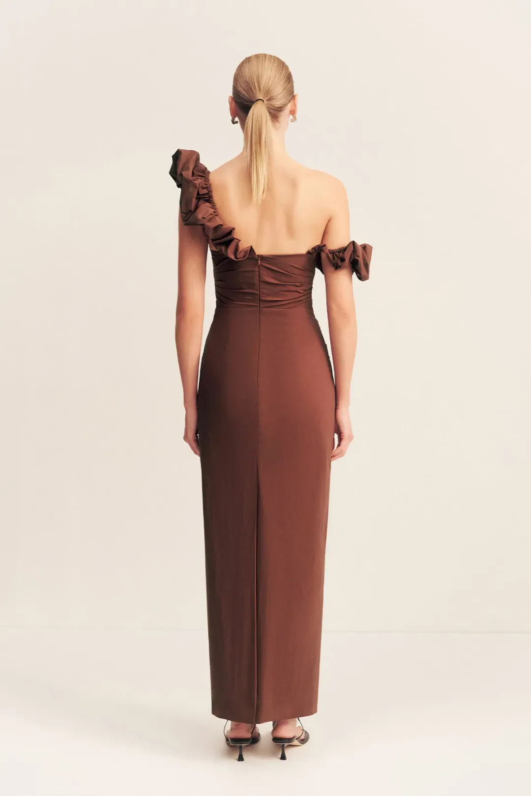 Shona Joy Campbell Ruffle Draped Maxi Dress in Espresso Size 14 for rent on The Volte - main image