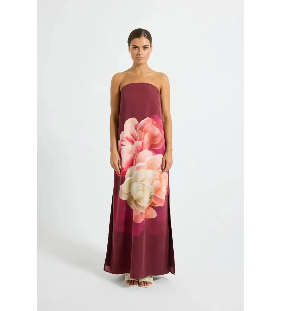 Pasduchas Romance Strapless Maxi Dress Burgundy Floral Size 12 for rent on The Volte - main image
