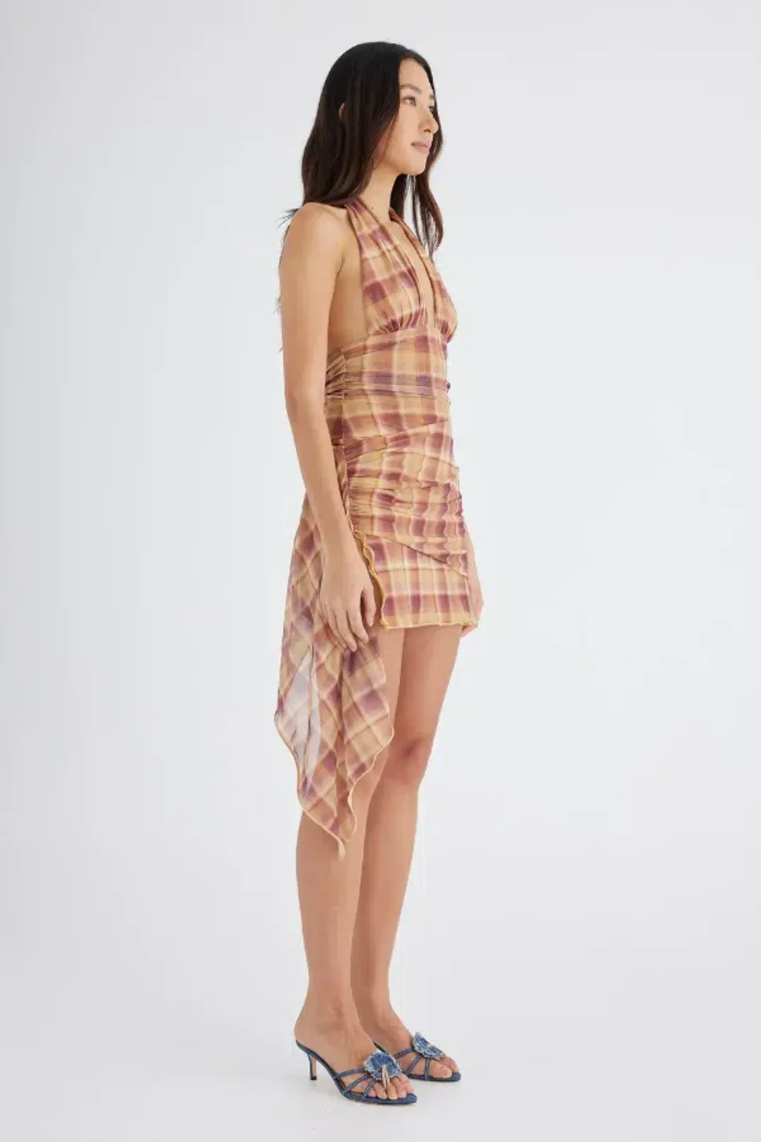 Benni Penelope Halter Mini Dress Toffee Check Size AU 6  for rent on The Volte - main image