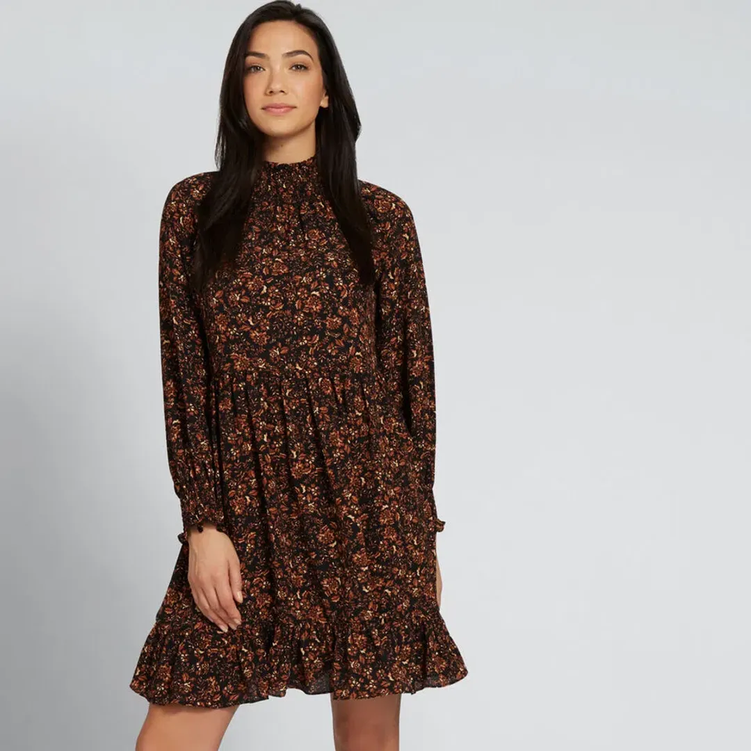Seed Heritage Shirred Floral Mini Dress Black Size 12 for rent on The Volte - main image