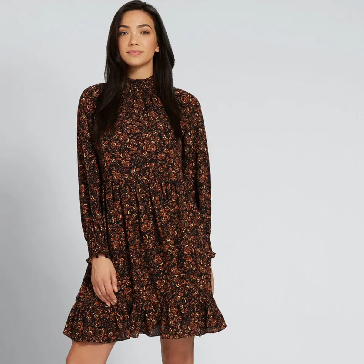 Seed Heritage Shirred Floral Mini Dress Black Size 12 for rent on The Volte - main image