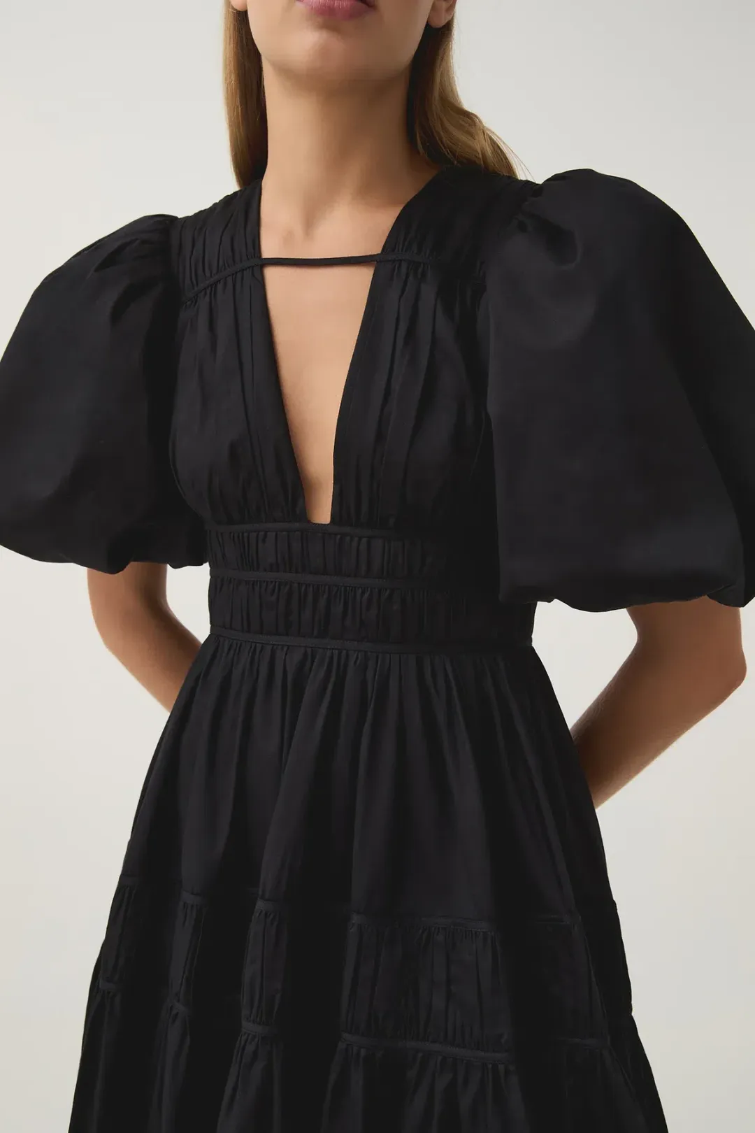 Aje Fallingwater Ruched Midi Dress Black Size 8 for rent on The Volte - main image