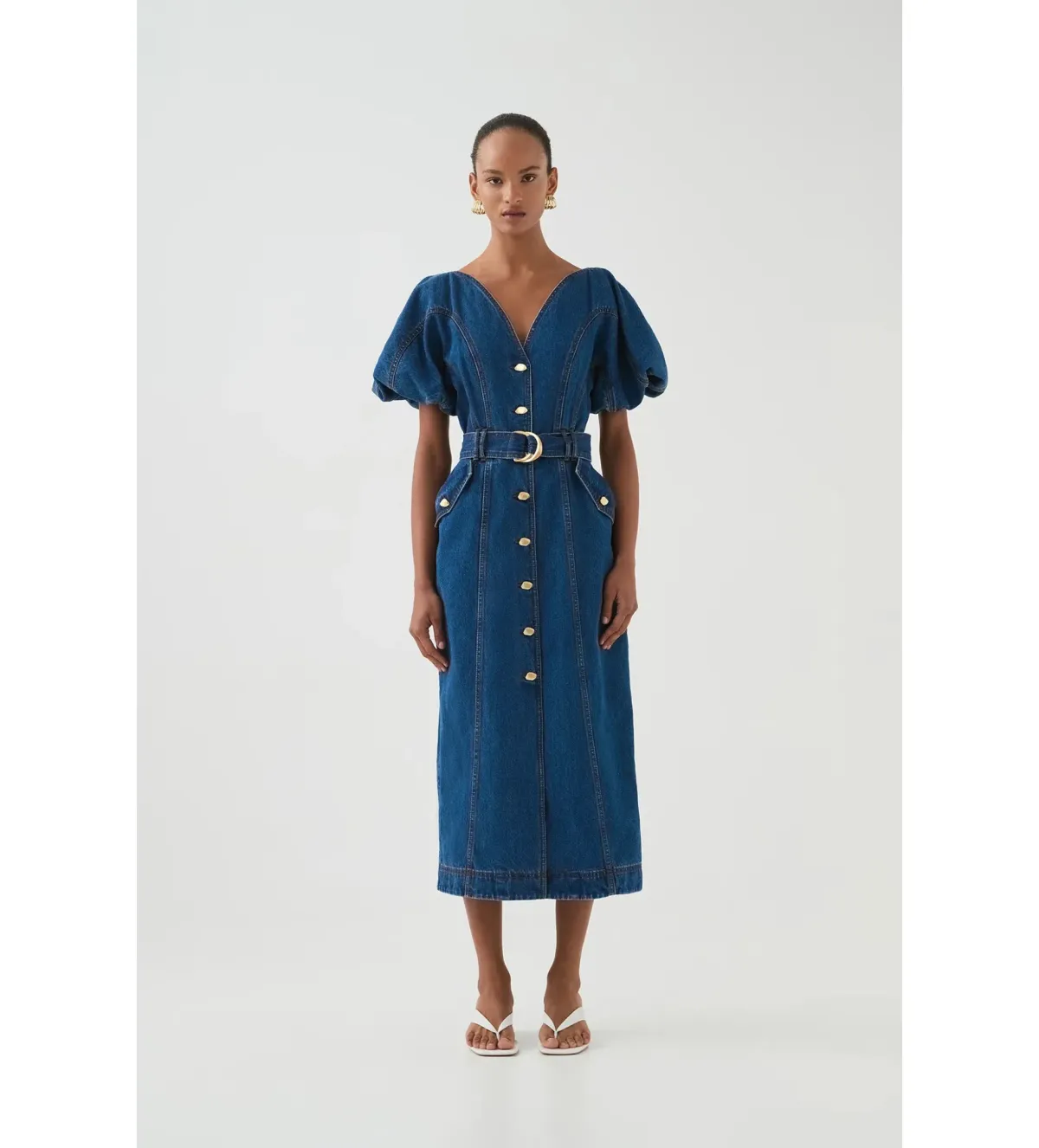 Aje Harper Denim Midi Dress Classic Wash Size 10/M for rent on The Volte - main image