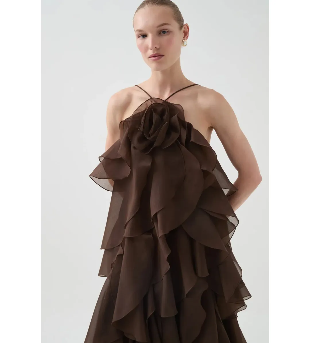Aje Pandorea Layered Maxi Dress Carob Size AU 10 for rent on The Volte - main image