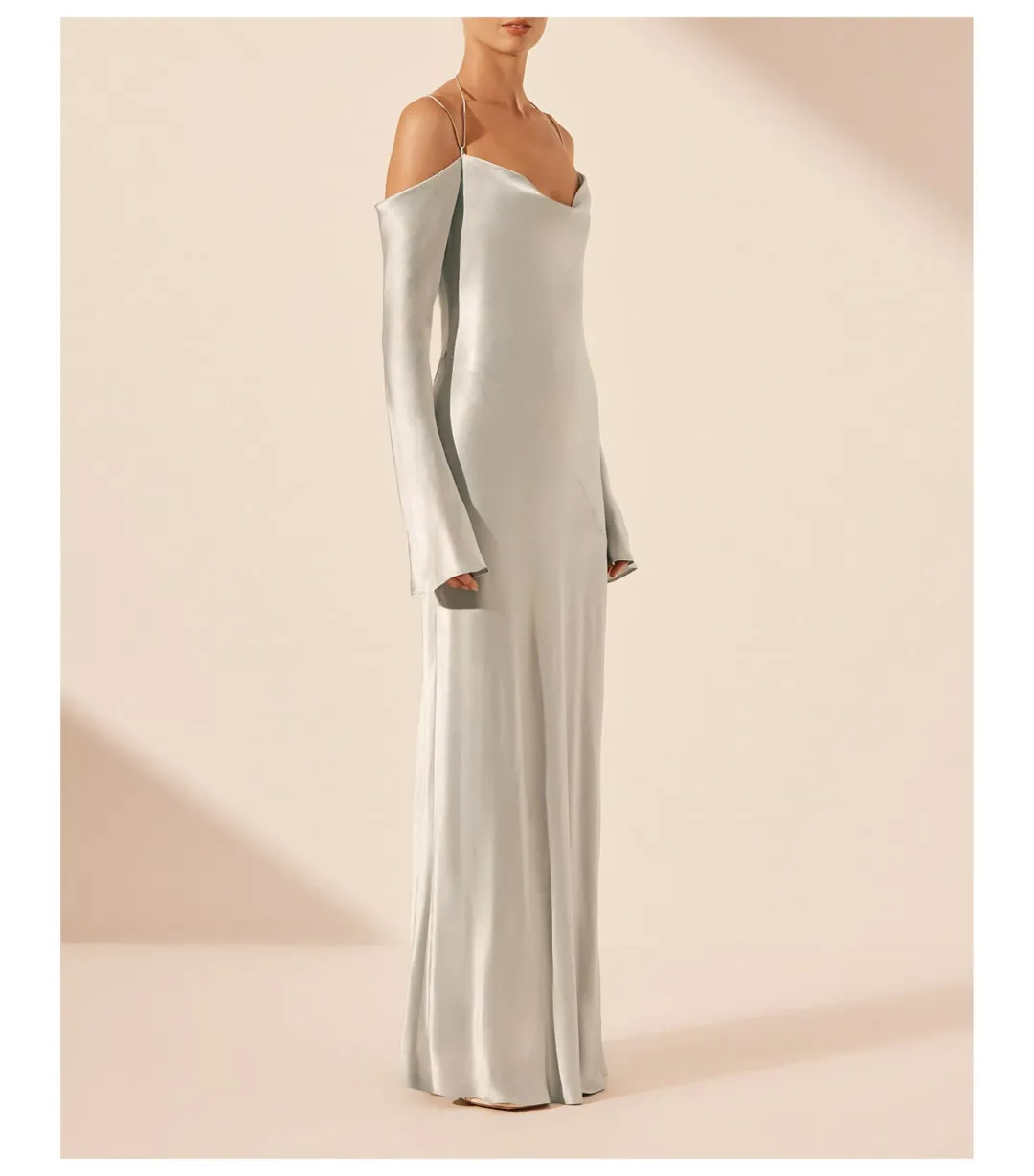 Shona Joy Sofia Off Shoulder Tie Maxi Dress Silver Size 8/S for rent on The Volte - main image