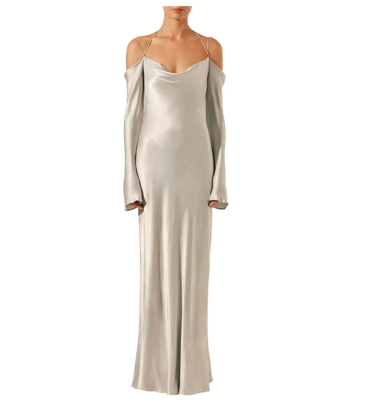 Shona Joy Sofia Off Shoulder Tie Maxi Dress Silver Size 8/S for rent on The Volte - main image