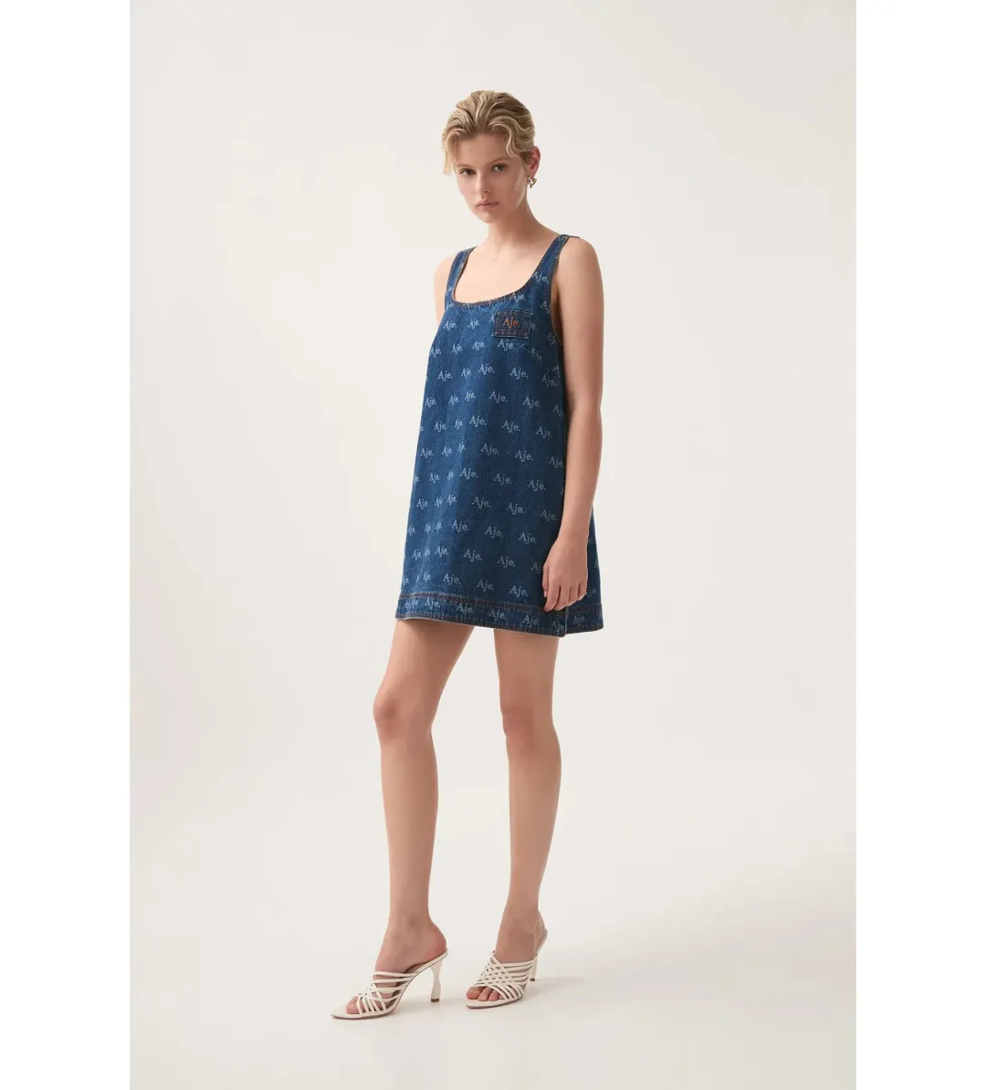 Aje Ratio Logo Denim Mini Dress Blue Print Size AU 6 for rent on The Volte - main image