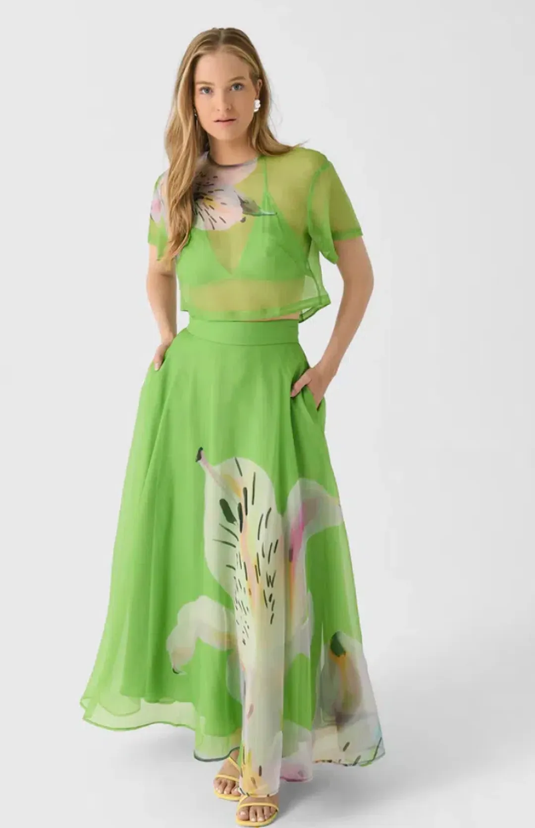 Indie Sleeve Top & Valeria Skirt Set Lily Print in Parakeet Size 12 for rent on The Volte - main image