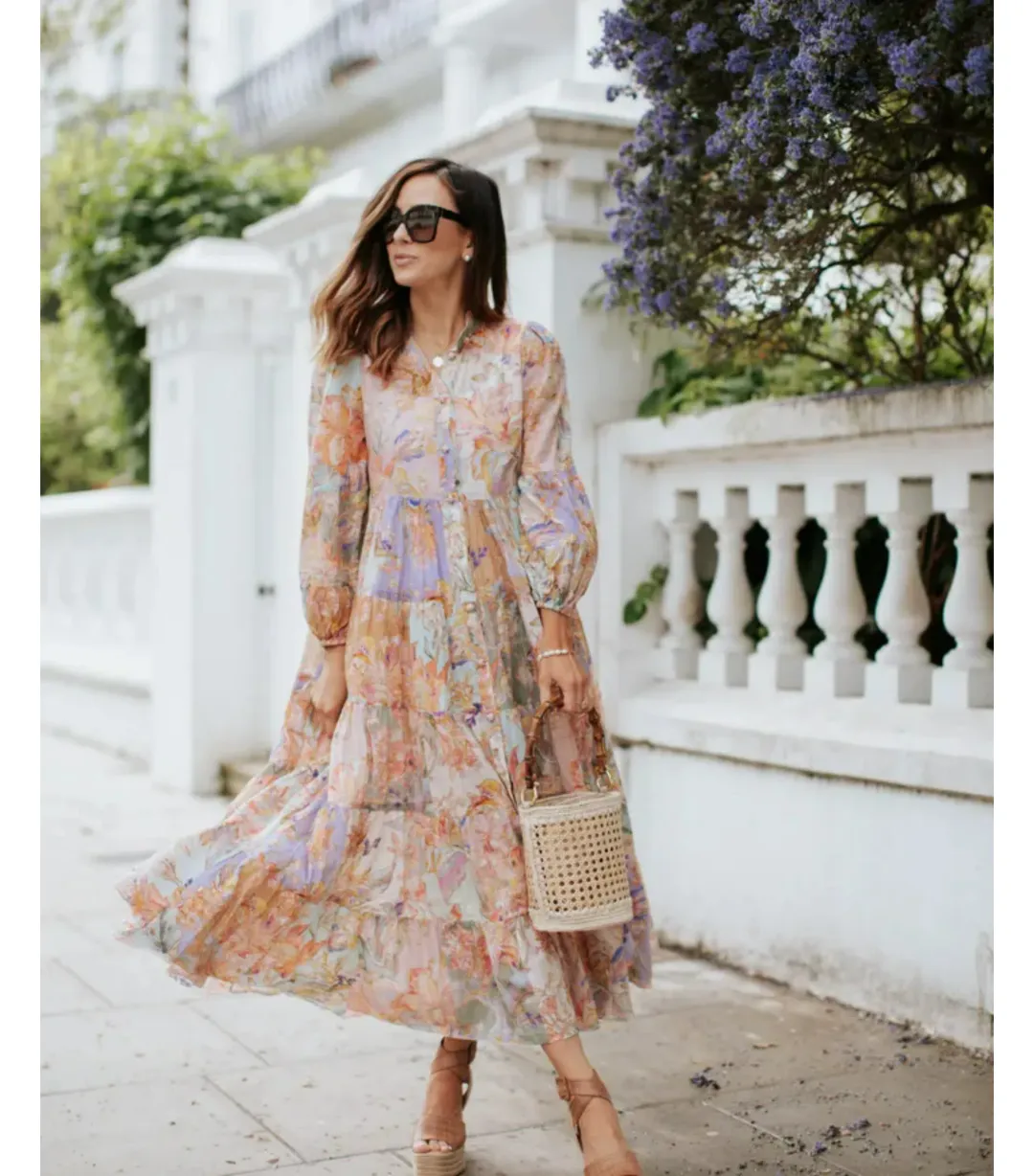 Zimmermann Cira Tiered Shirt Dress Patch Multi Floral Size 2 AU 12 for rent on The Volte - main image