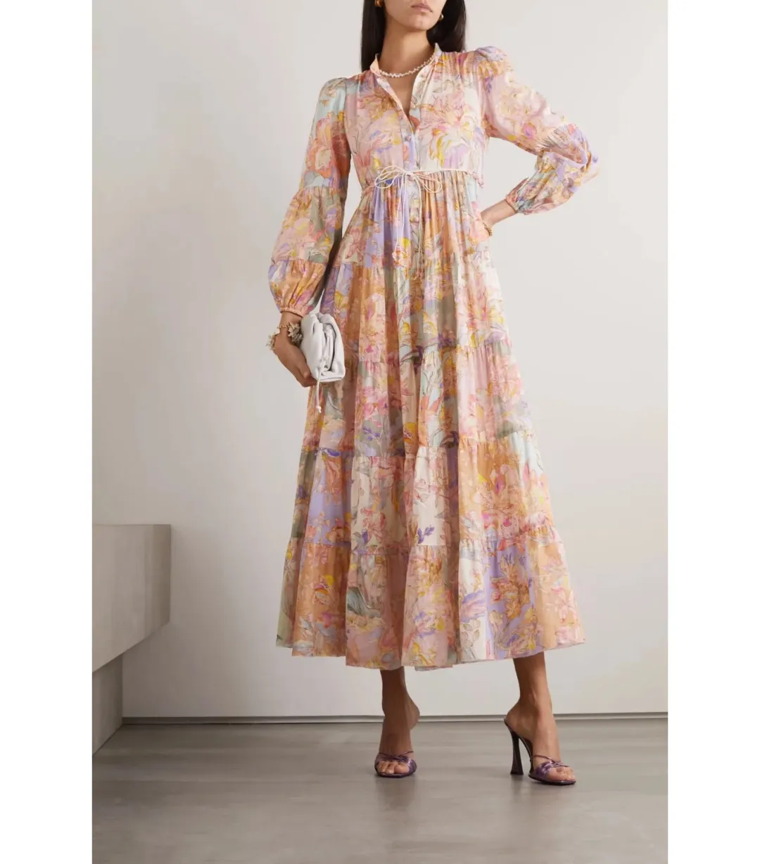 Zimmermann Cira Tiered Shirt Dress Patch Multi Floral Size 2 AU 12 for rent on The Volte - main image