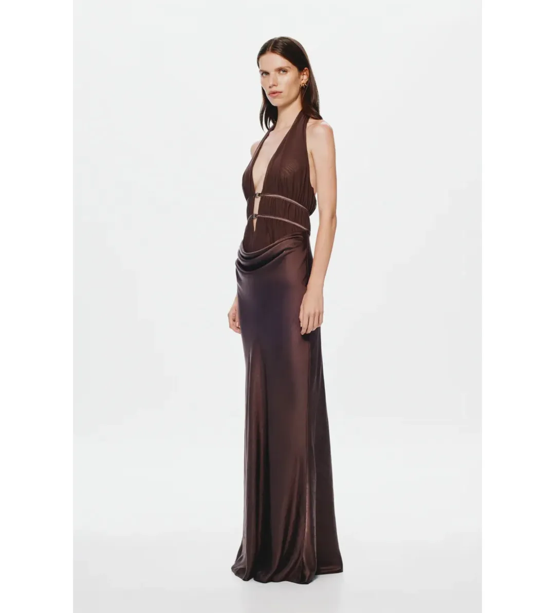 Misha The Celine Satin Maxi Dress Umber Brown Size 10 for rent on The Volte - main image