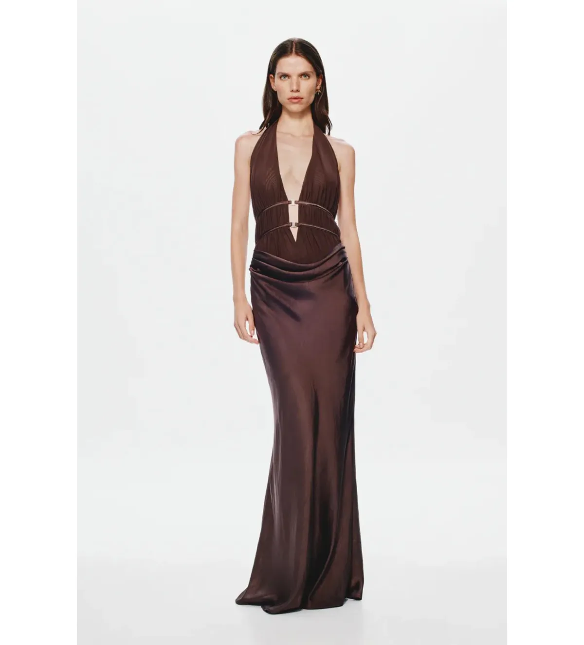Misha The Celine Satin Maxi Dress Umber Brown Size 10 for rent on The Volte - main image