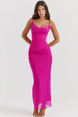 House of CB Nalini Fuchsia Hot Pink Lace Mesh Maxi Dress in Size 6/XS for rent on The Volte - image 1