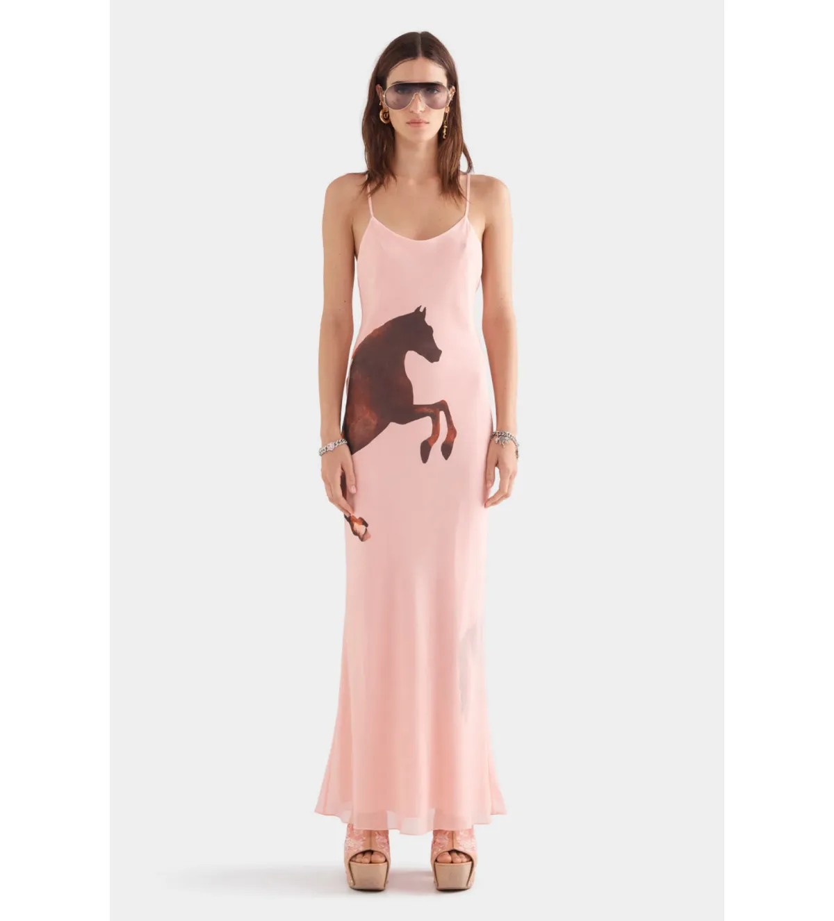 Venroy Layered Silk Slip Maxi Dress Pink Horse Stamp Size XS Au 6  for rent on The Volte - main image