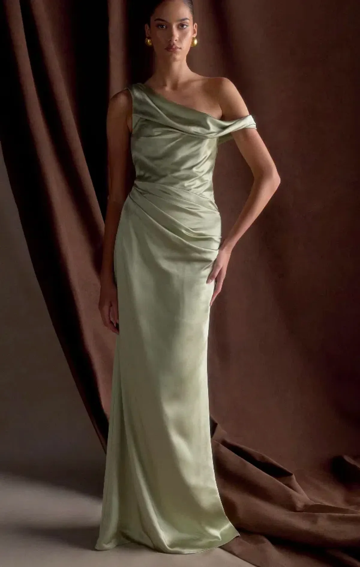 Meshki Dalia Off Shoulder Satin Maxi Dress Maxi Sage Size 8/S for rent on The Volte - main image