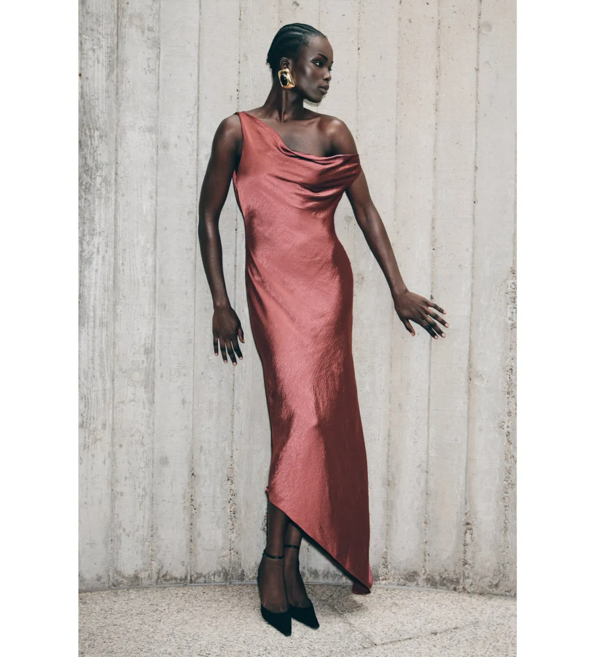 MESHKI Yvette Slip Maxi Dress With Asymmetrical Hem Brown Cherry Size XS Au 6  for rent on The Volte - main image