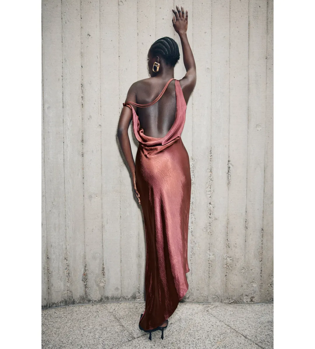 MESHKI Yvette Slip Maxi Dress With Asymmetrical Hem Brown Cherry Size XS Au 6  for rent on The Volte - main image