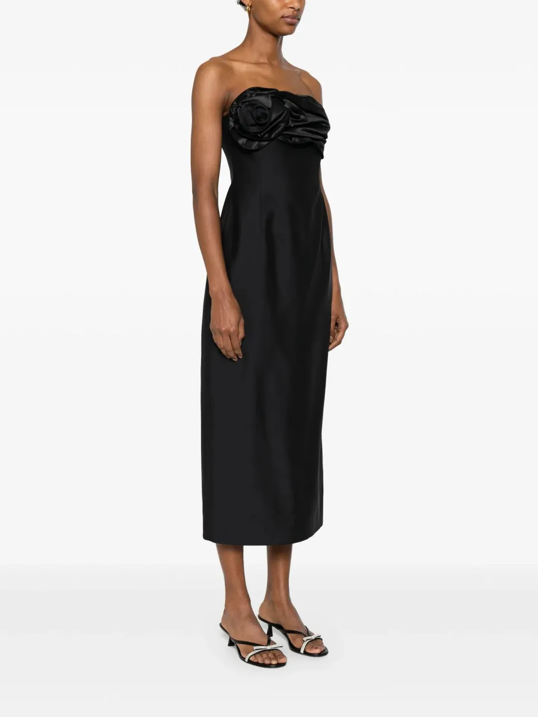 Magda Butrym Strapless Ruched Flower Midi Dress in Black Size 34 / AU 6 for rent on The Volte - main image