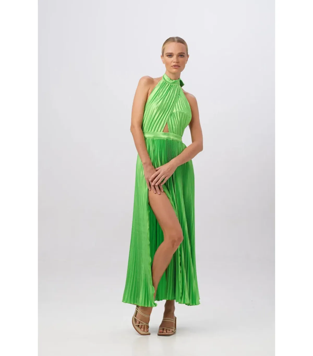 L'Idee Renaissance Split Maxi Gown Neon Lime Green Size AU 6 for rent on The Volte - main image