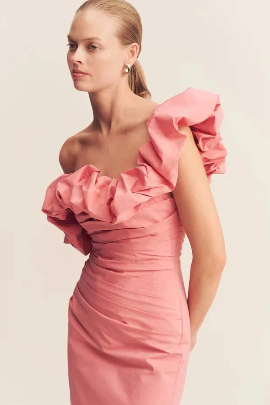 Shona Joy Campbell Ruffle Draped Maxi Dress Bubblegum Size 12 for rent on The Volte - main image