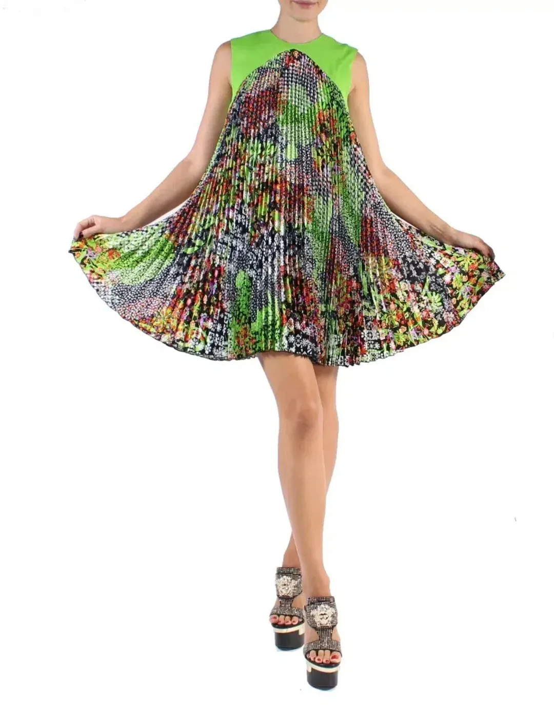 Versace Green Multicolor Plisse Tent Mini Dress Sleeveless Made in Italy Size 38 for rent on The Volte - main image