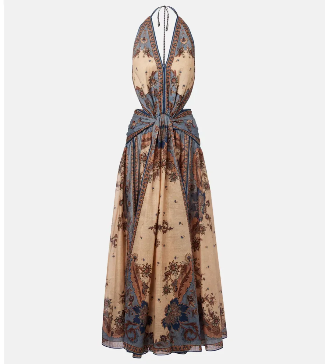 Zimmermann Ascension Plunge Halter Maxi Dress in Blue & Cream Indienne Floral Size 1/ AU 10 for rent on The Volte - main image