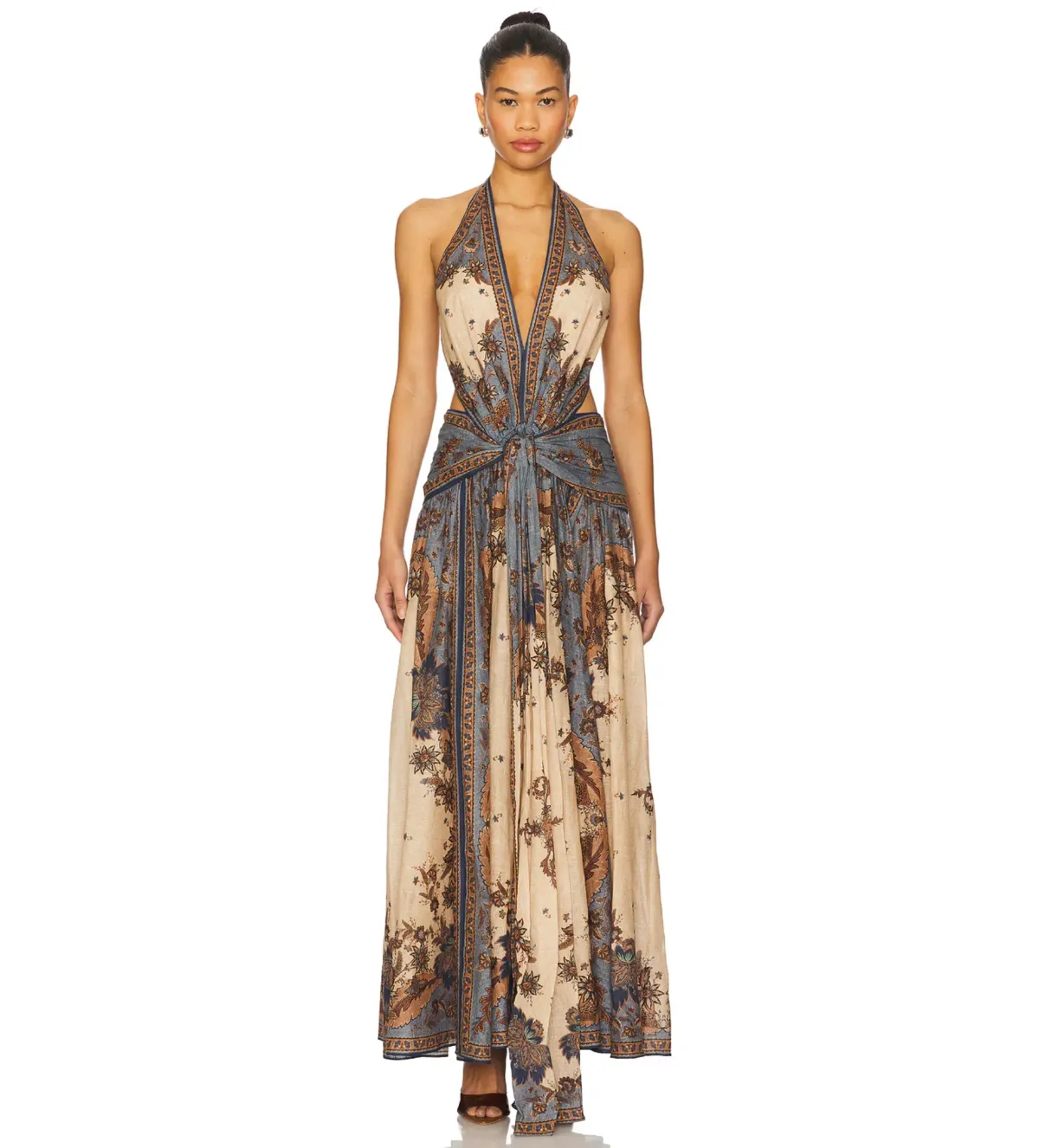 Zimmermann Ascension Plunge Halter Maxi Dress in Blue & Cream Indienne Floral Size 1/ AU 10 for rent on The Volte - main image