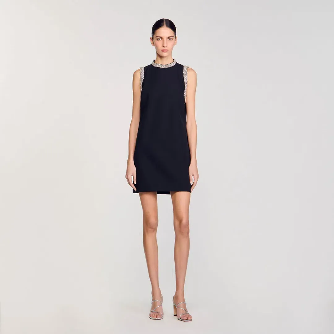 Sandro Rhinestone Embellished Mini Dress Black Size 10 for rent on The Volte - main image