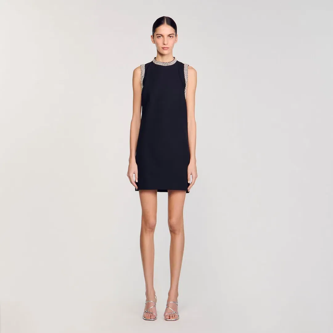 Sandro Rhinestone Embellished Mini Dress Black Size AU 12 for rent on The Volte - main image