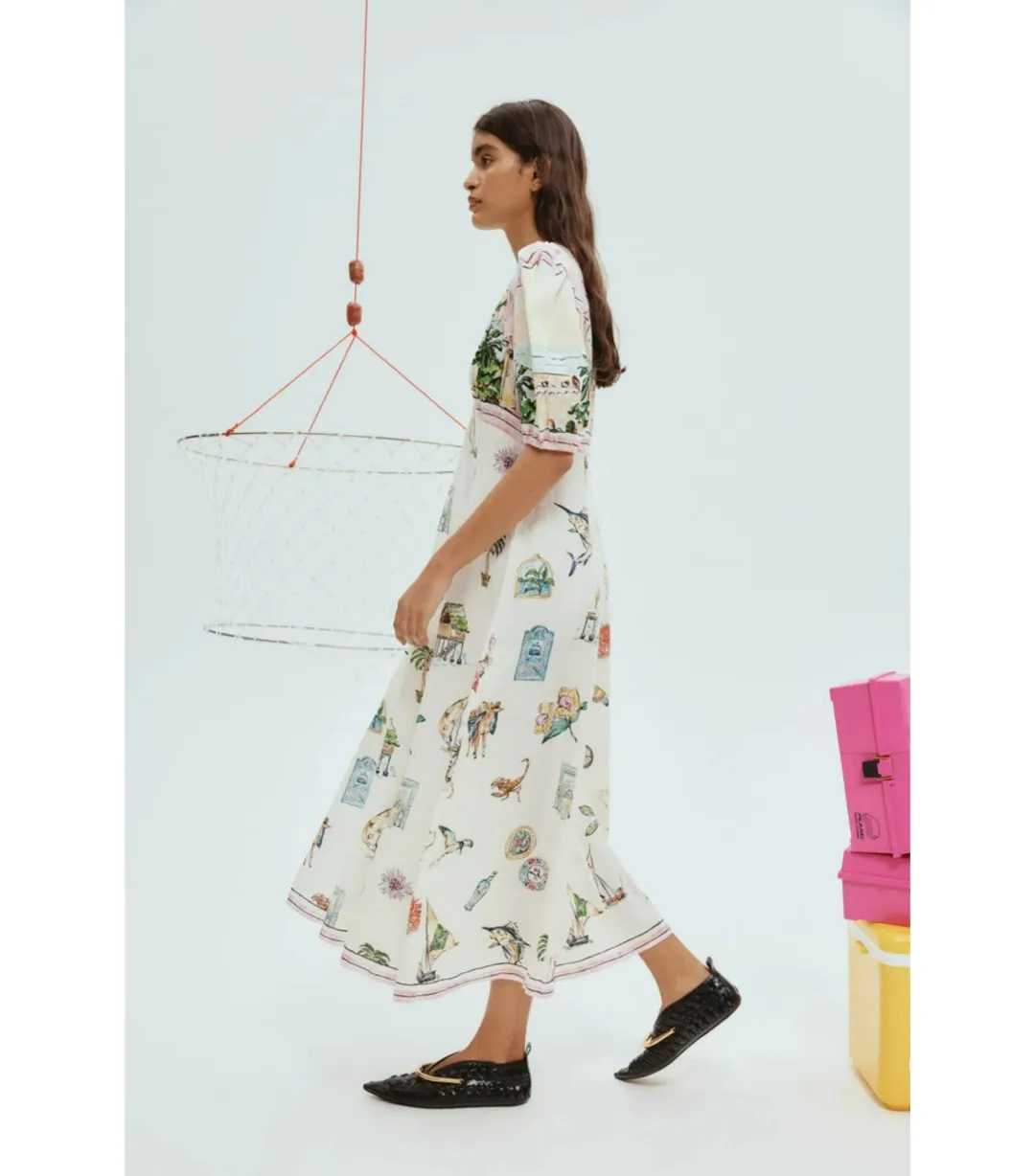 Alemais Sunset Puff-Sleeve Printed Linen Midi Dress Print Size AU 8 for rent on The Volte - main image