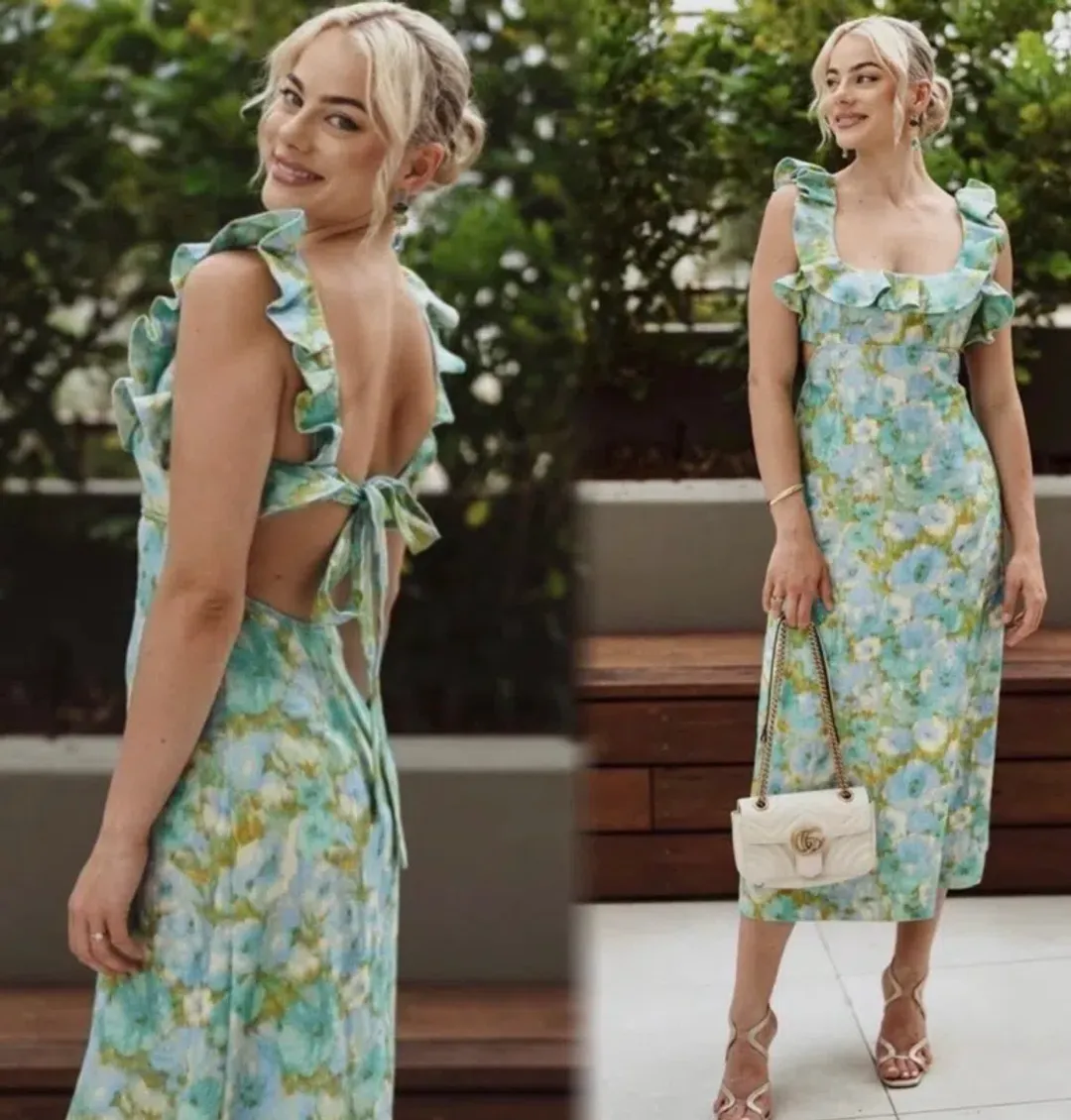 Zimmermann High Tide Frilled Midi Dress Aqua Ikat Floral Size 1 / AU 10  for rent on The Volte - main image
