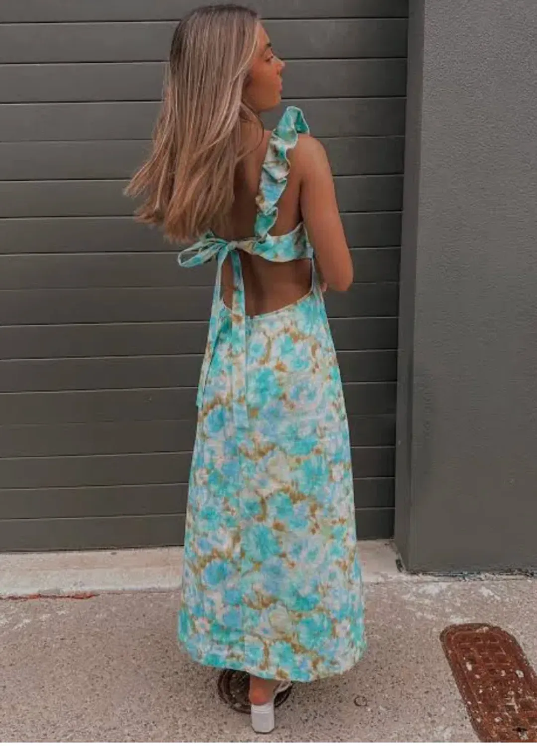 Zimmermann High Tide Frilled Midi Dress Aqua Ikat Floral Size 1 / AU 10  for rent on The Volte - main image