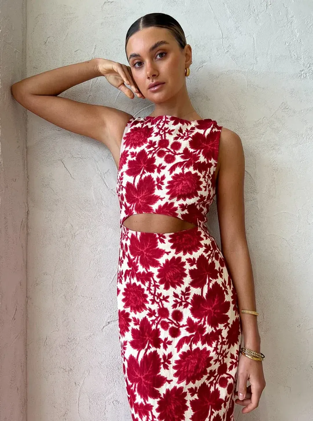 Sir The Label Cinta Linen Cut Out Midi Dress Red Floral Size 1/AU 8 for rent on The Volte - main image