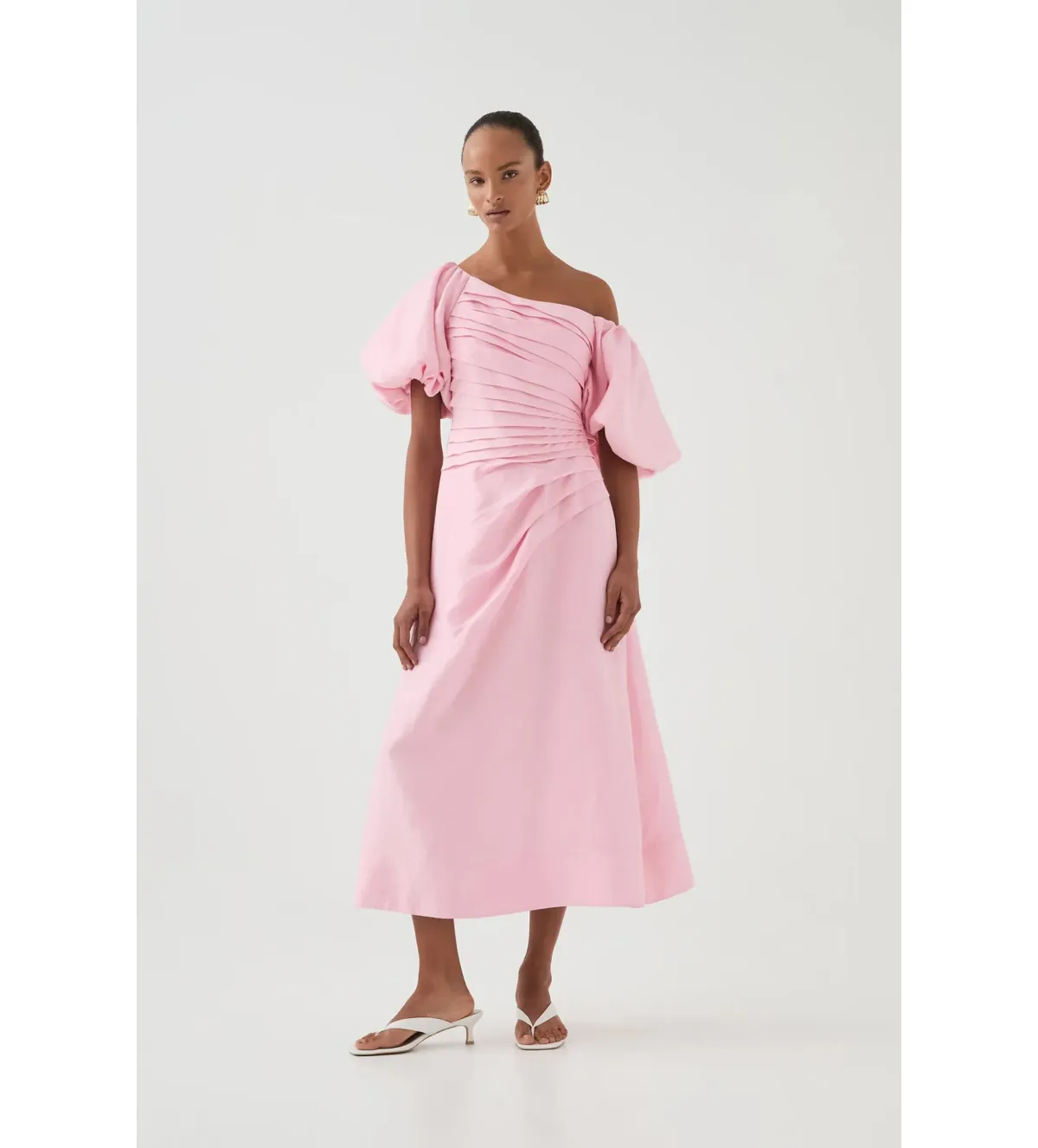 Aje Cadence Ruched Midi Dress in Ballerina Pink Size L / AU 12 for rent on The Volte - main image