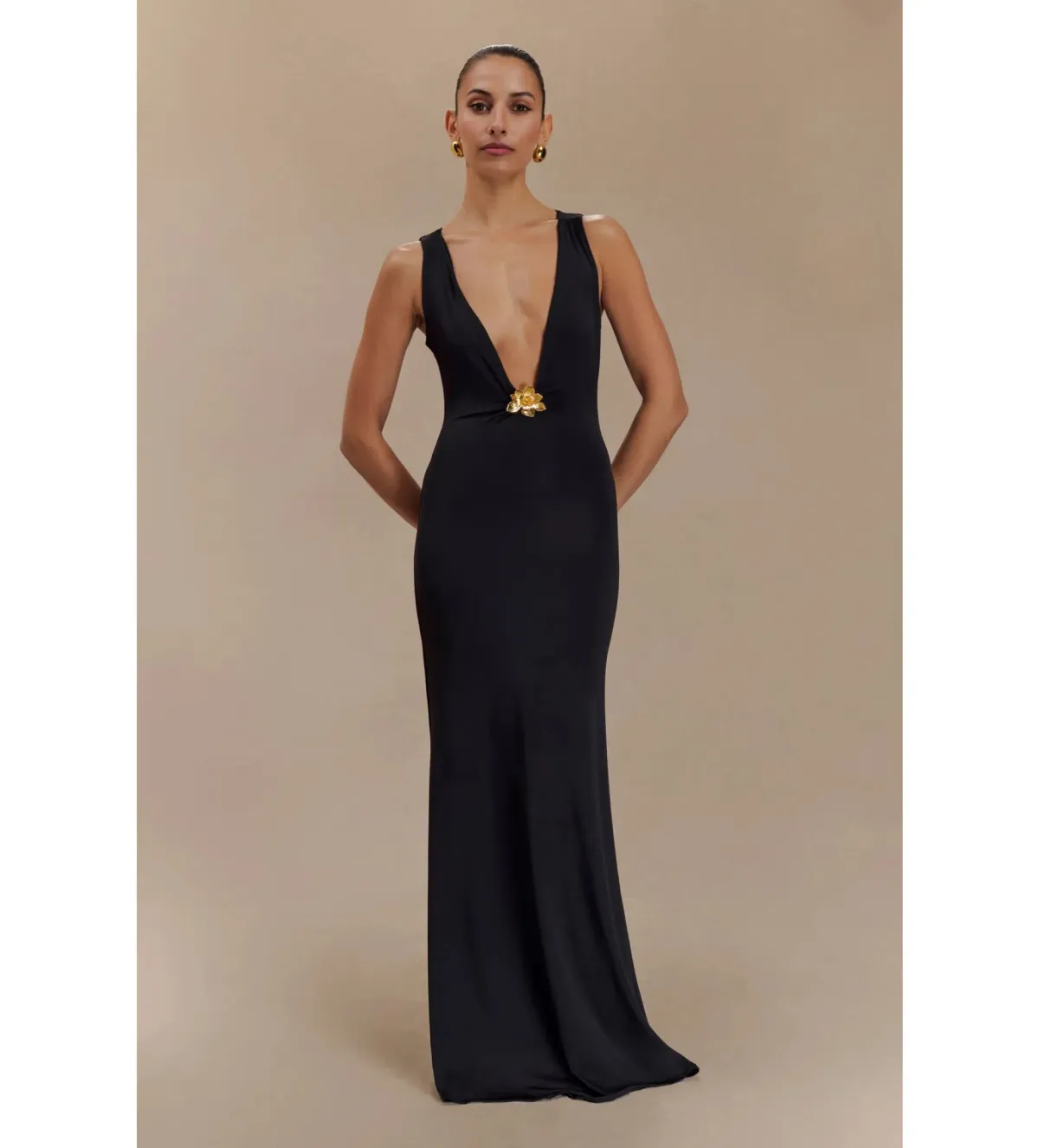 MESHKI Beck Plunge Maxi Dress Black with Floral Hardware Size S AU 8 for rent on The Volte - main image