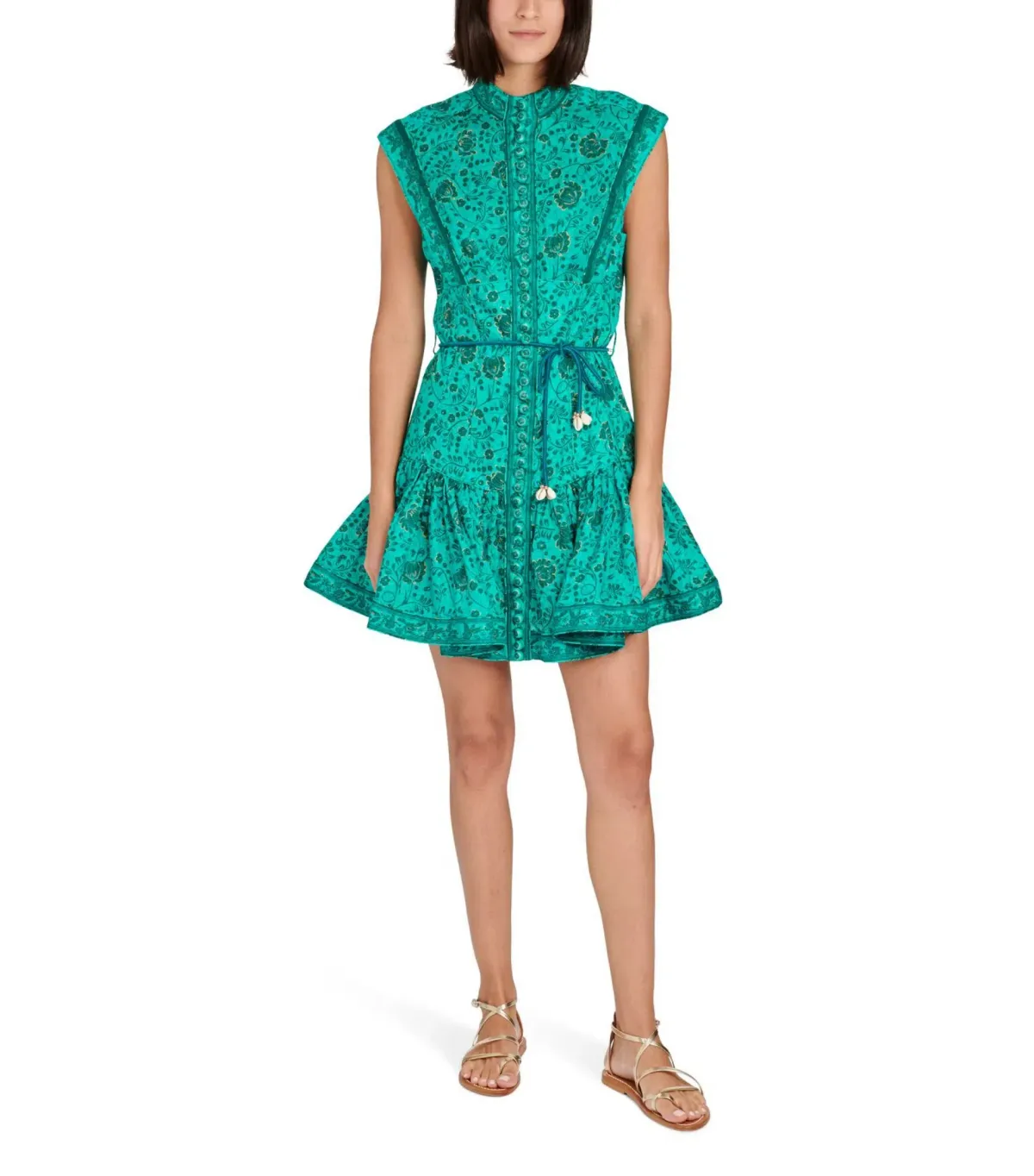 Zimmermann Lulu Panelled Flip High Neck Mini Dress in Jade Floral Print Size 2 / AU 12 for rent on The Volte - main image