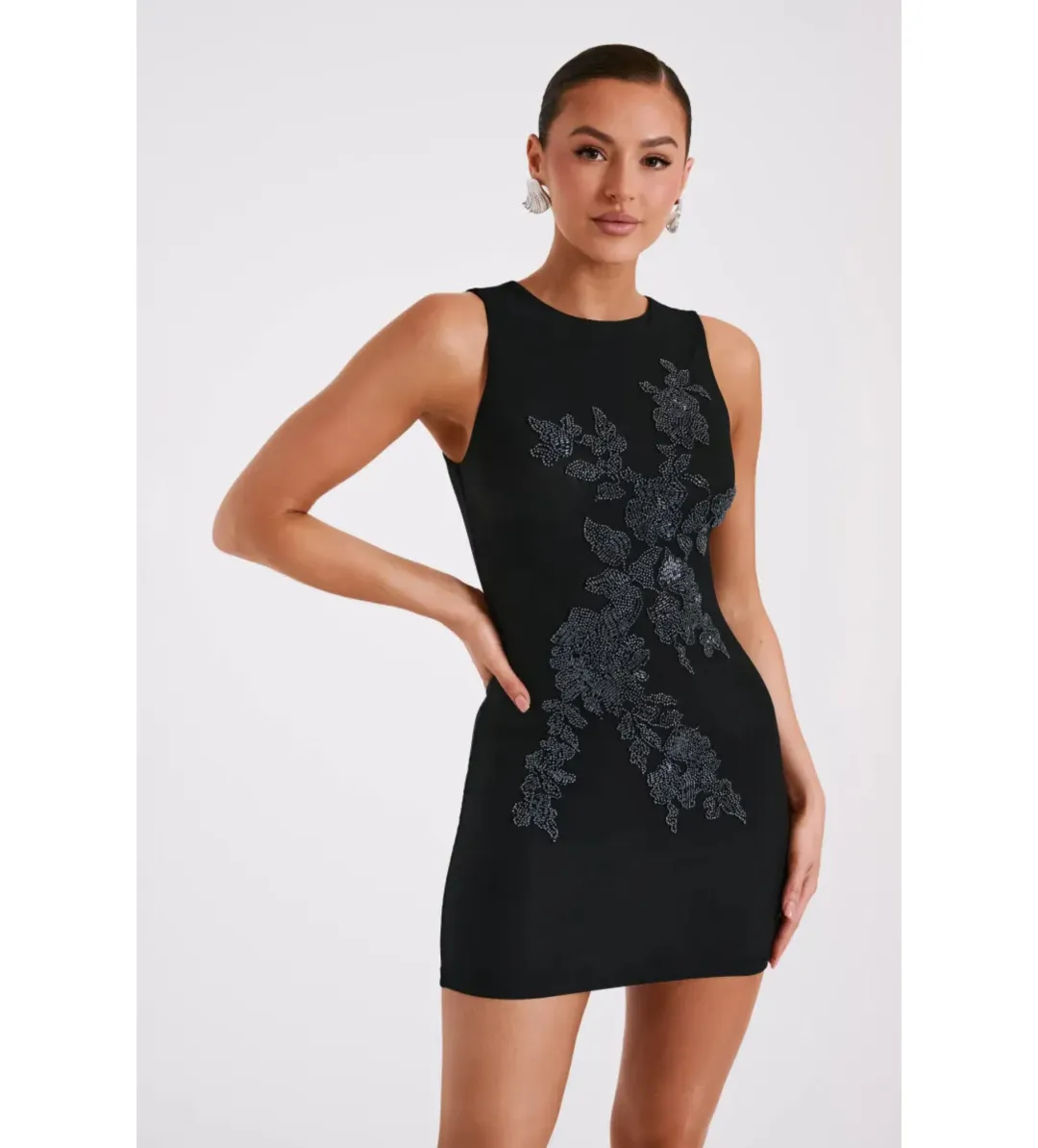 Meshki Liliana Beaded Flower Mesh Mini Dress in Black Size AU 4 for rent on The Volte - main image